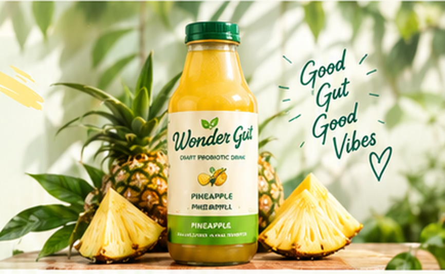 Wonder Gut pineapple probiotic drink with fresh pineapple