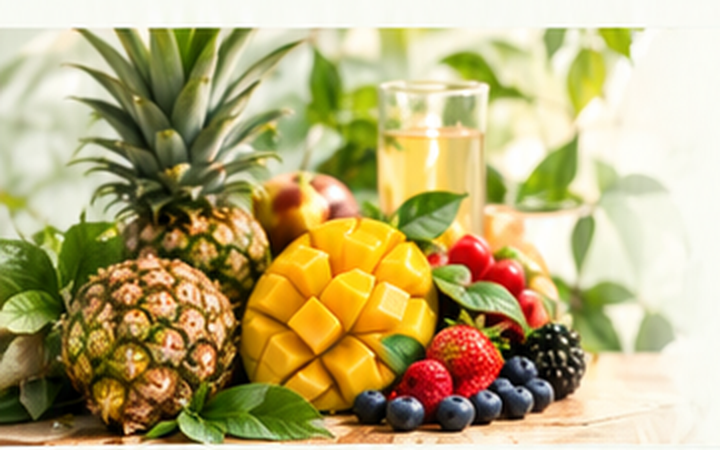 Fresh pineapple, mango, berries and a glass of probiotic drink